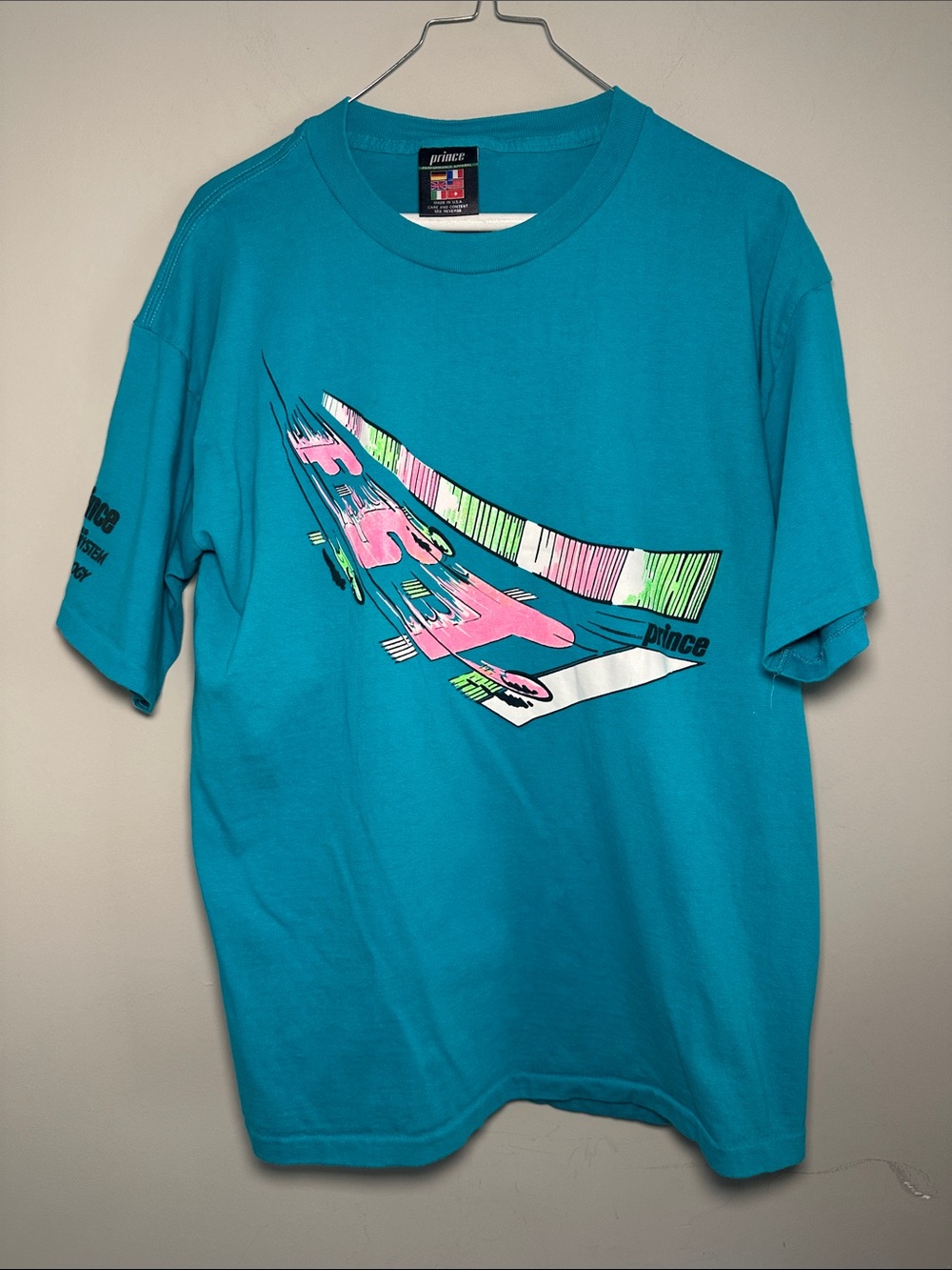 Prince FST Flow System Technology Teal Pink Lime faded vintage tshirt